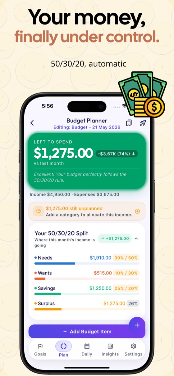 Boon Tools Budget Tracker showing $1,275 left to spend and a 50/30/20 split